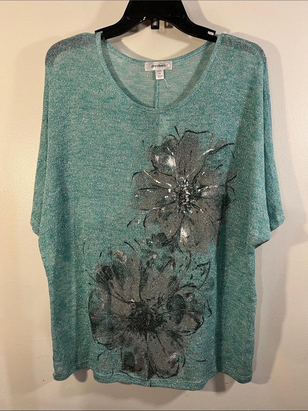 dressbarn Teal Metallic Floral Knit Tunic